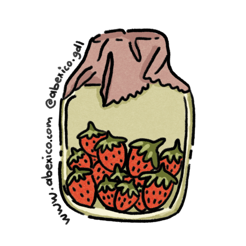 Ilustracion, Tarro de fresas con tela encerada abexico,